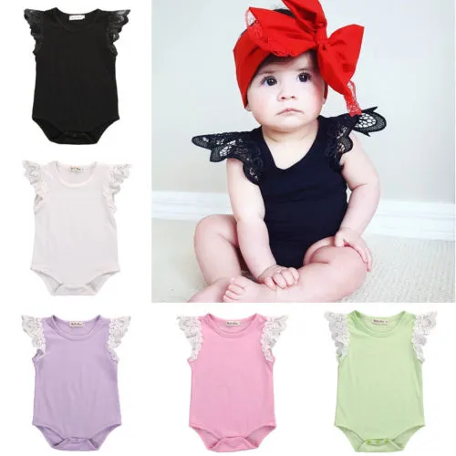 Baby Girls Jumpsuit Lace Flying Sleeve Round Neck Romper Summer Clothes