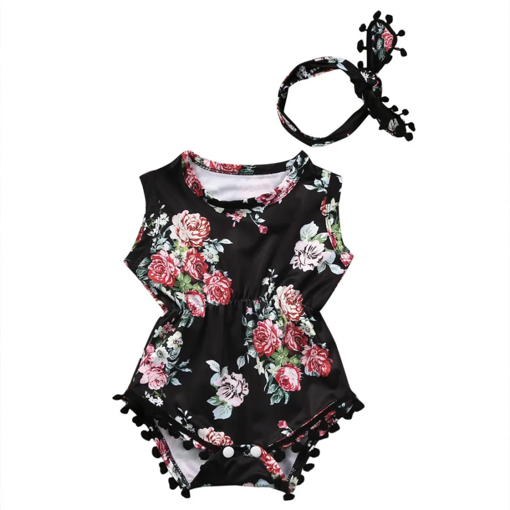 2Pcs Girls Outfits, Floral Tassel Sleeveless Romper + Headband Sets