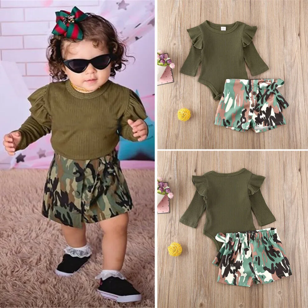 Newborn Summer Suit, Solid Ruffled Romper Tops+Camouflage Shorts