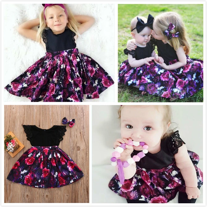 Girls Sister Matching Outfits, Print Dress/Sleeveless Jumpsuit with Headband