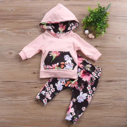 Girl's Floral Printed 2Pcs Suit, Long Sleeve Hooded Top with Long Pants