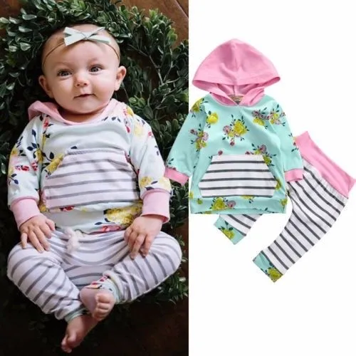 Baby Girl 2 Piece Set, Stripe Print Hooded Pullover + Floral Trousers