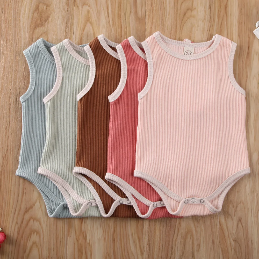 Infant Solid Color Romper, Sleeveless Round Collar One-piece