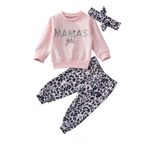 Infant Girls Three-Piece Suit, Print T-Shirt + Long Pants + Cute Hairband