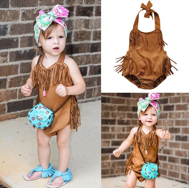 Baby Girls Summer Sleeveless Romper Off Shoulder Backless Tassel Suede Jumpsuit