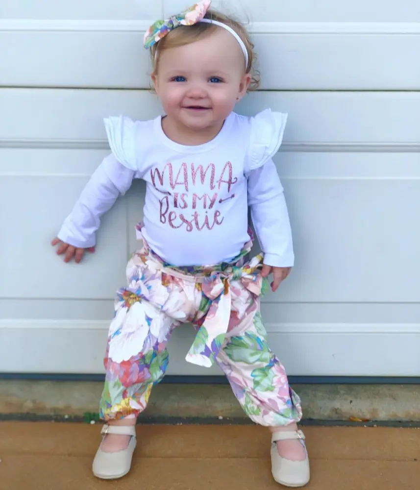 Girl's White Letter Print Romper + Floral Lantern Pants + Headband