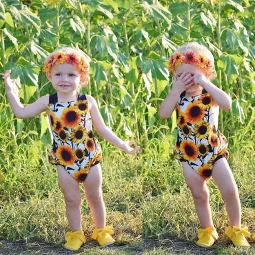 Infant Baby Girls Summer Romper, Sunflower Printed Suspender Triangle Bodysuit