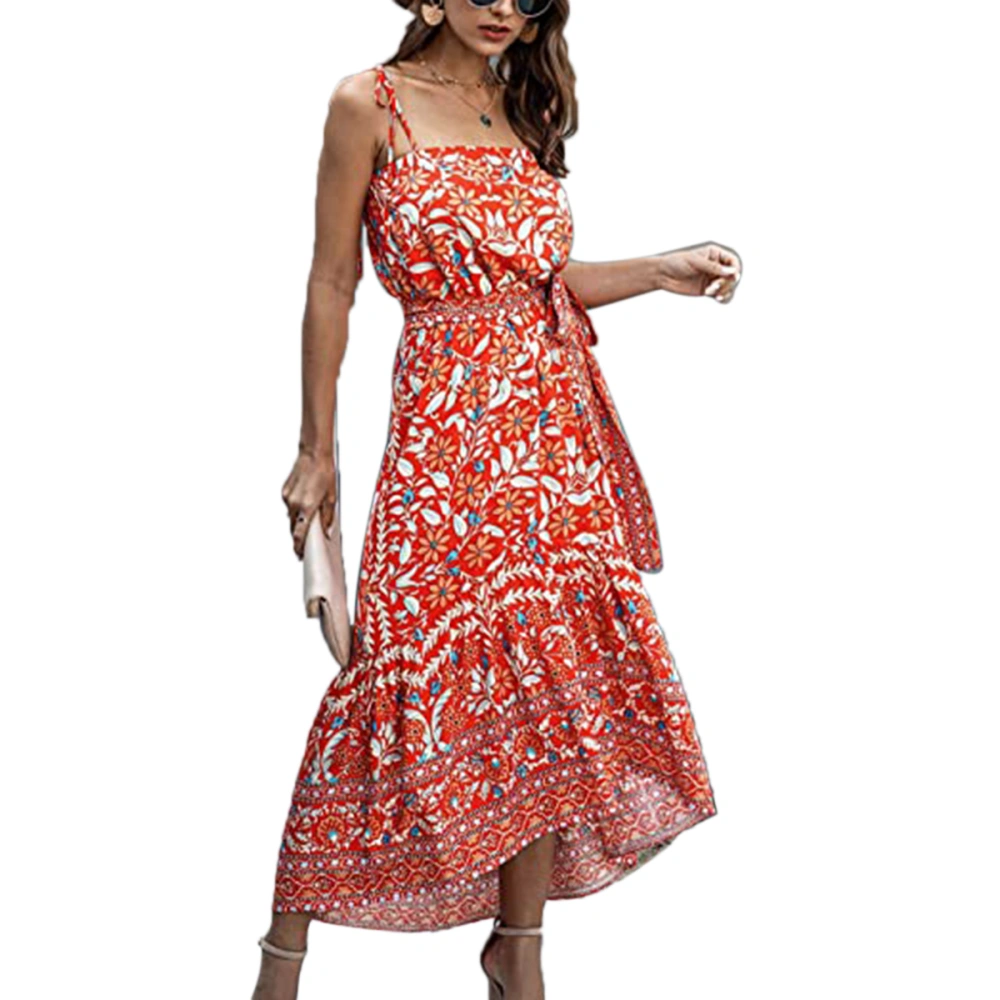 Women's Printing Long Dress, Slender Waist Dress with Irregular Hem