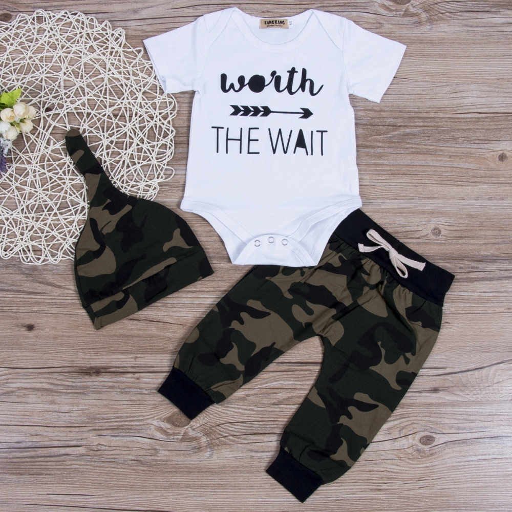 Baby 3PCS Outfit Set, Short Sleeve Letter Romper, Camouflage Pant, Beanie Hat