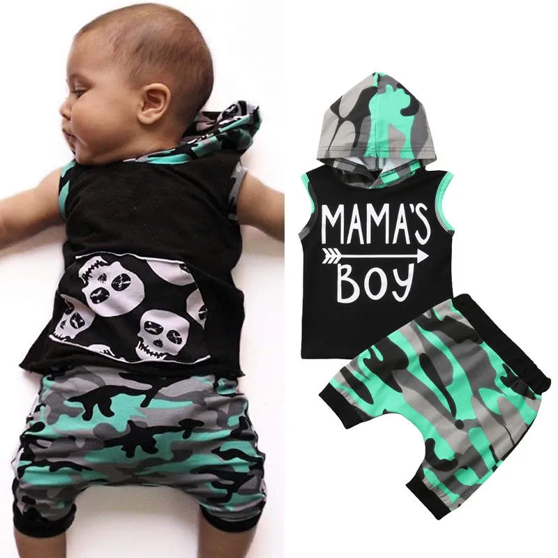 Baby Boys Summer Clothes Letter Print Hooded Vest+Camouflage Shorts