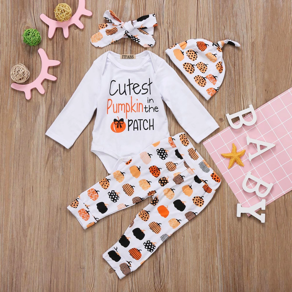 Newborn Baby Letter Print Romper+Long Pants+Pumpkin Hat+Printed Headband