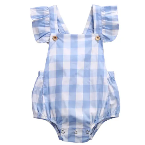 Baby Girls Summer Romper Flying Sleeve Square Collar Plaid One Pieces Clothes