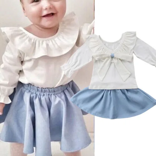 Toddler Girl's White Long Sleeve Ruffle Tops + Blue A-Line Skirt