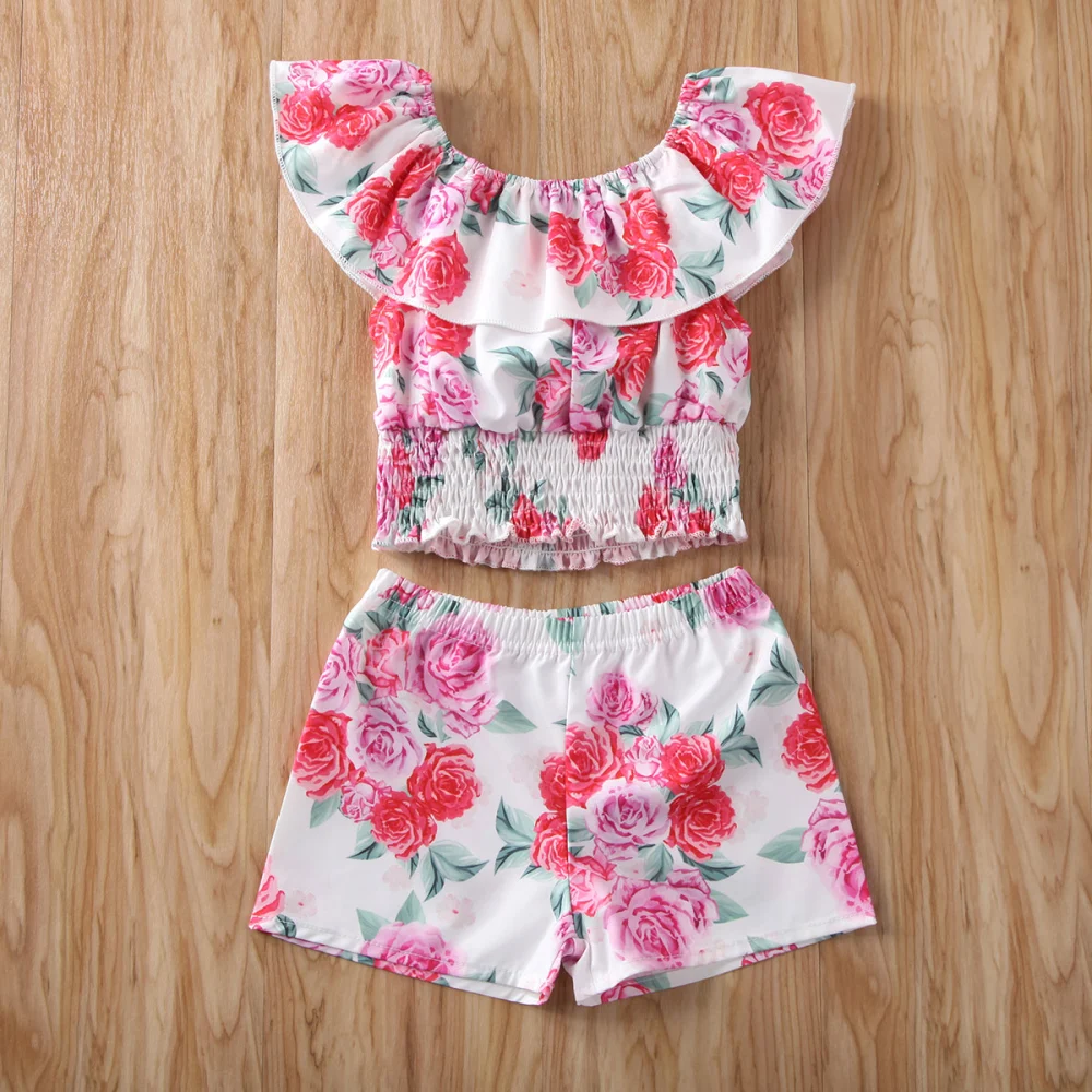 Summer Baby Girls Floral Suit, Short Sleeve Ruffle Top+Short Pants+Lace Up Cloak