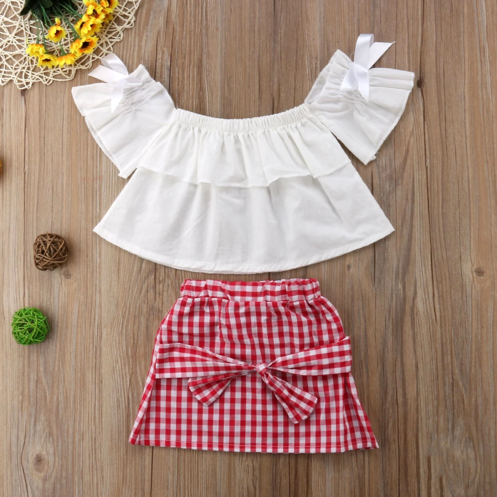 Girl's White Short Sleeve Off Shoulder T-shirt + Plaid A-Line Skirt