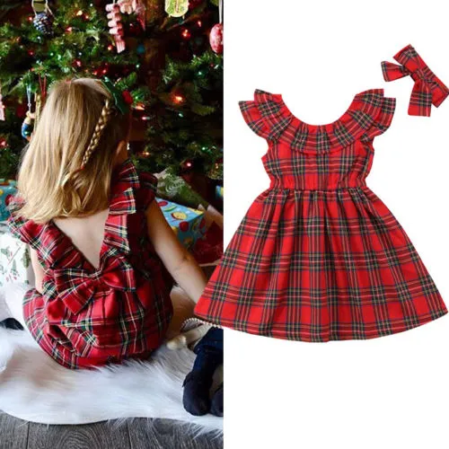 Girls Stylish Dress Set Red Plaid Design Waist Cute Headband Princess Skirt Suit