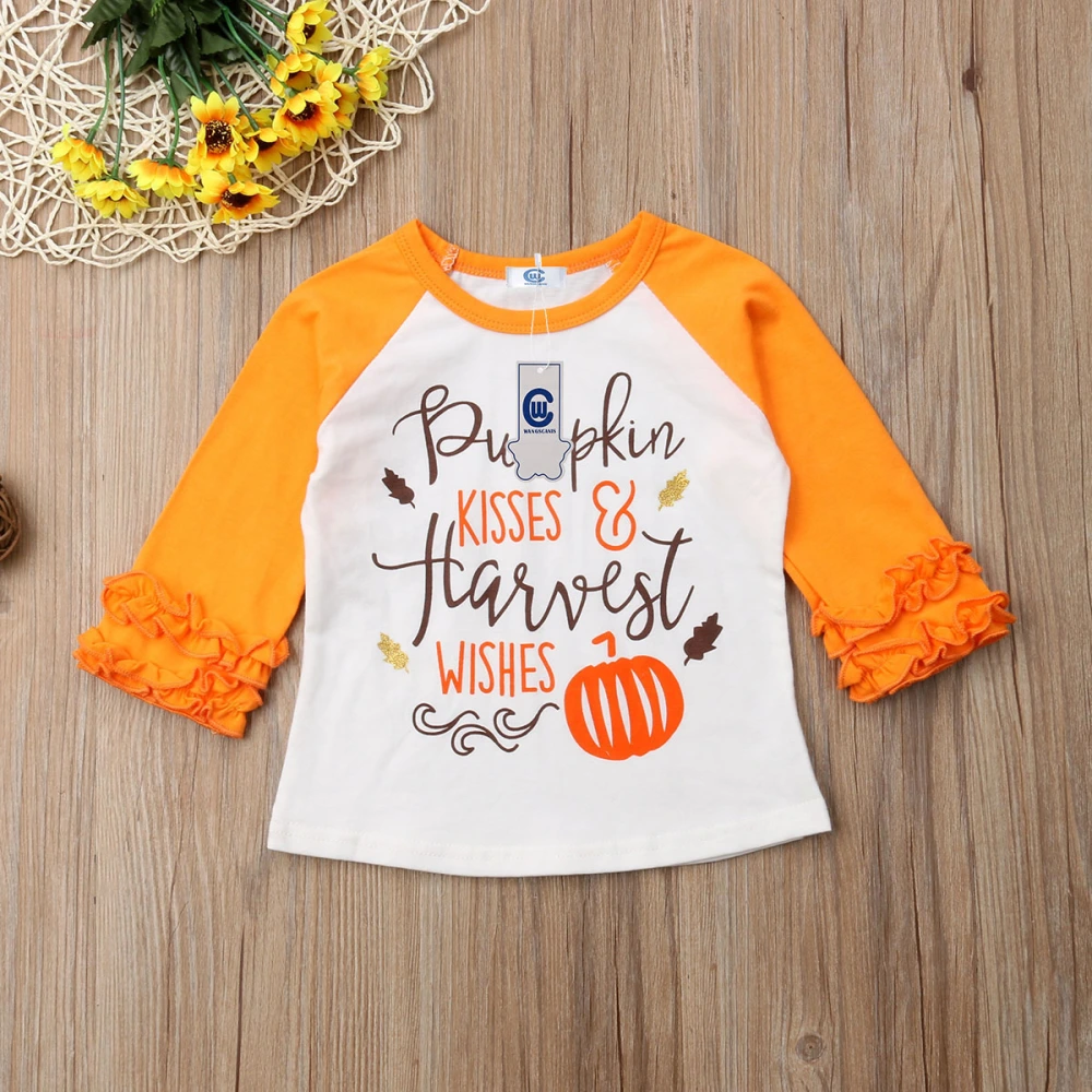 Girl's Long Ruffle Sleeve Letter & Pumpkin Print Patchwork Blouse