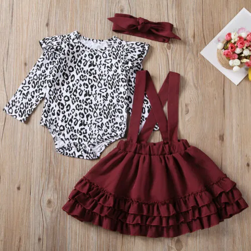 Baby Girls 3PCS Outfit Set, Leopard Print Romper+Solid Suspender Skirt+Hair Band