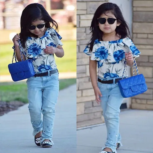 Kid Baby Girls Floral Print Ruffle Top + Denim Pants 2Pcs Clothes Set