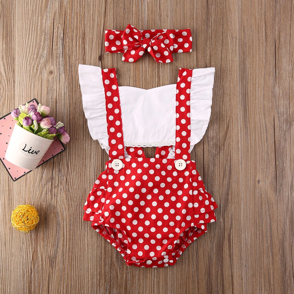 Baby Girls Ruffles Sleeve Jumpsuit Polka Dot Print Romper +Bow Headband