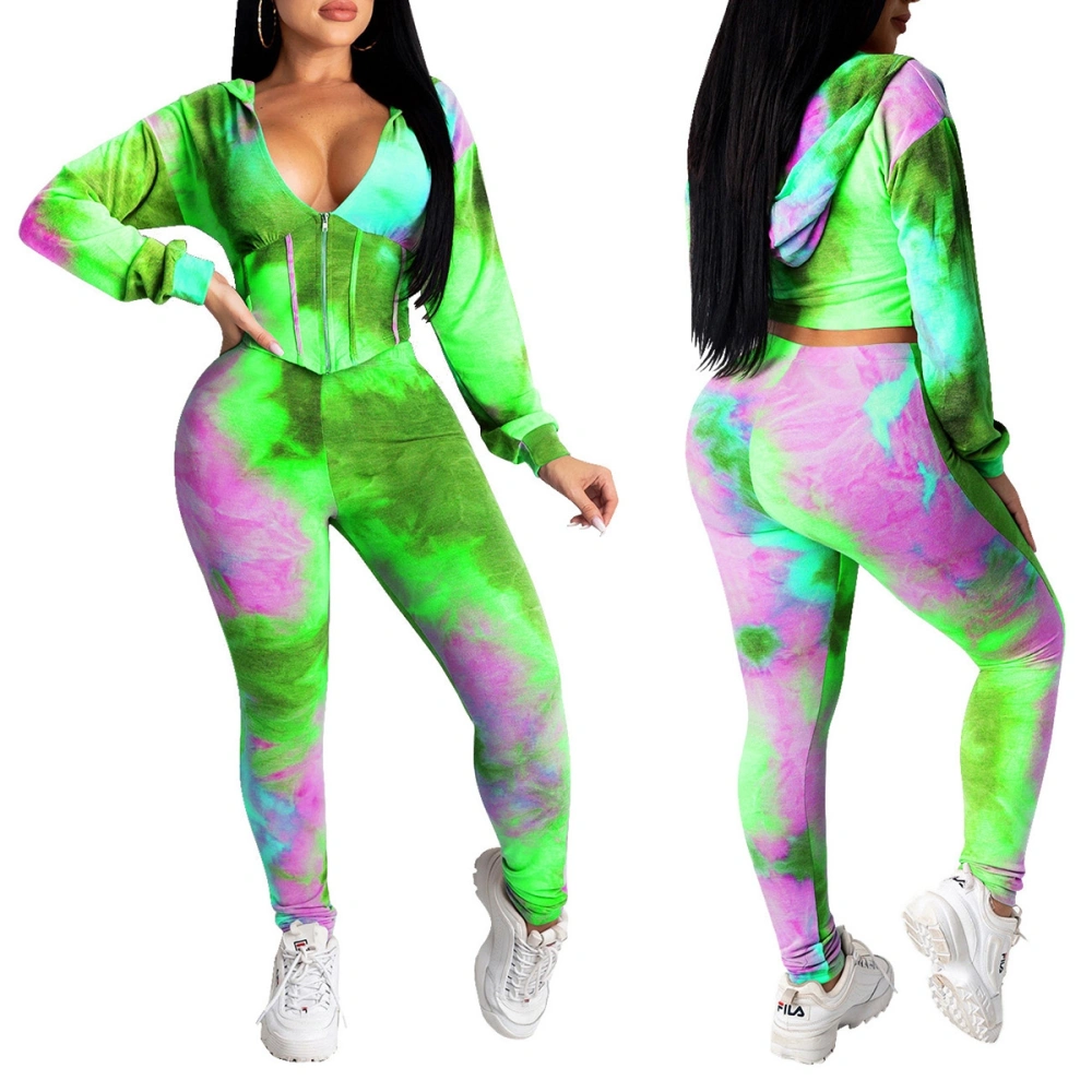 Women Tie-dyed 2PCS Outfits, V-neck Zippered Defined Waist Hoodie, Skinny Pants