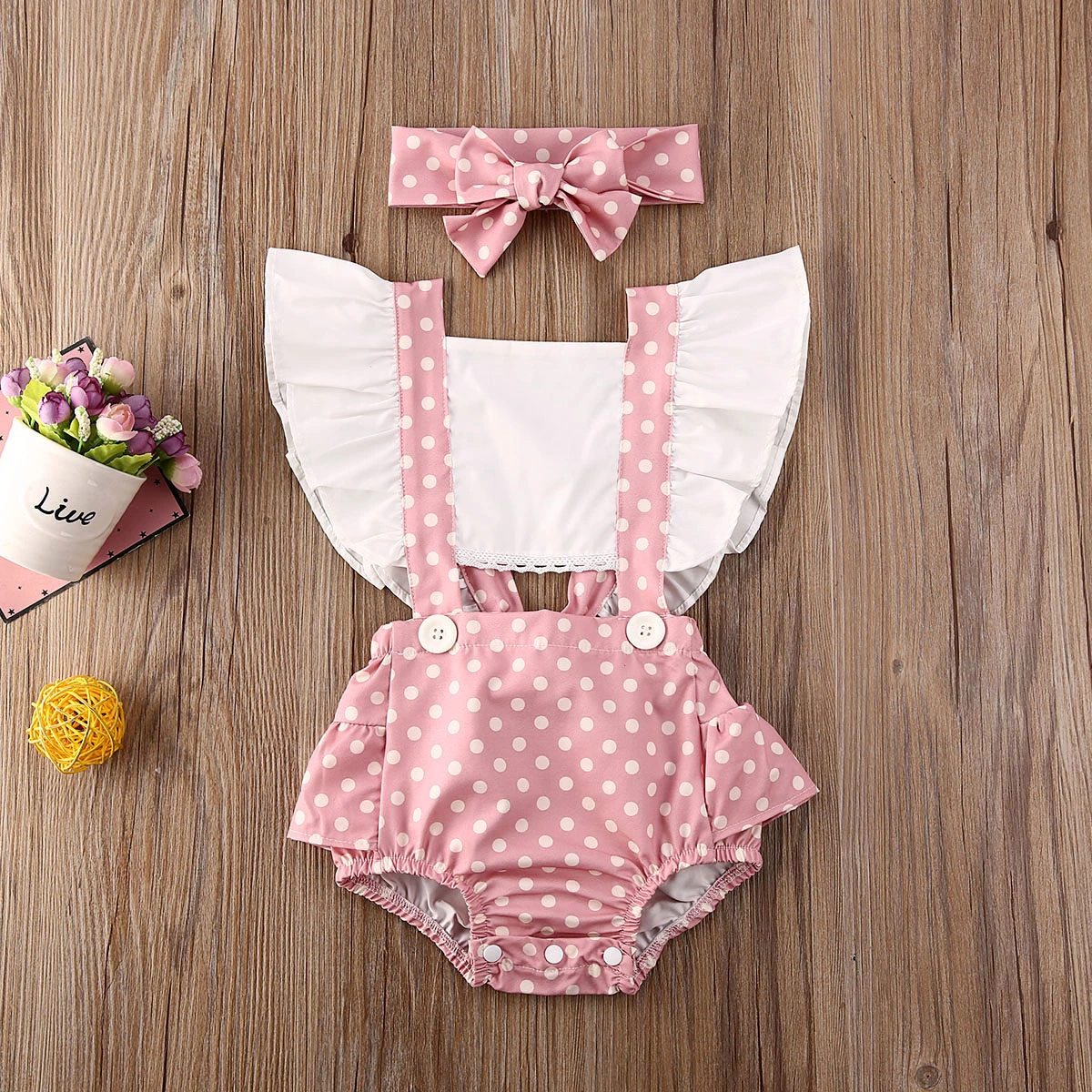 2 Pcs Baby Girl Jumpsuit Sets, Ruffle Polka Dot Romper + Headband Suits