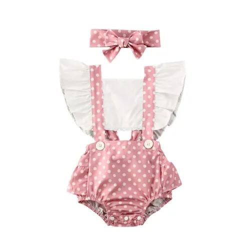 2 Pcs Baby Girl Jumpsuit Sets, Ruffle Polka Dot Romper + Headband Suits