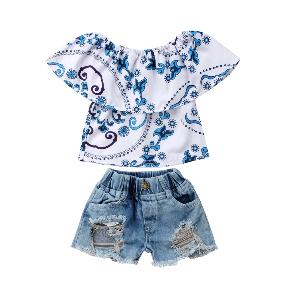 Girl's Sleeveless Off Shoulder Floral T-shirt + Ripped Denim Shorts