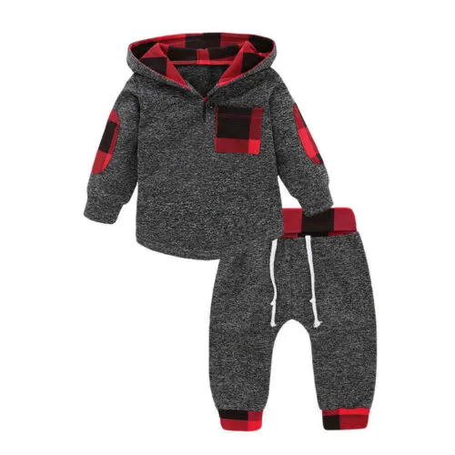 Baby Boy Girl Plaid Pocket Long Sleeve Hoodie Sweatshirt +Long Pants