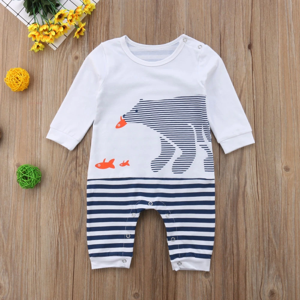 Newborn Baby Romper, Long Sleeve Polar Bear Pattern Stripe Bodysuit