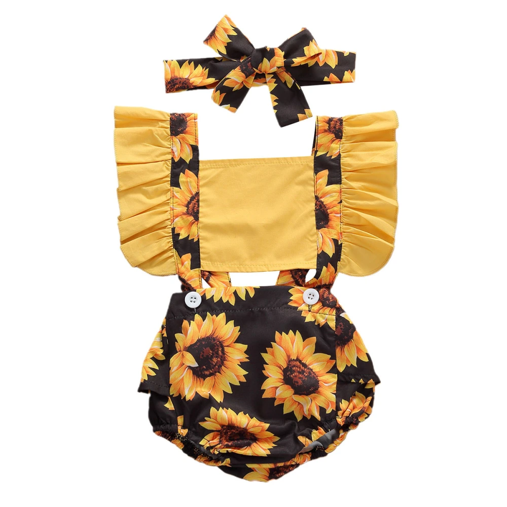 Baby Girls Summer Clothes Set Sleeveless Sunflower Print Ruffle Romper+Headband