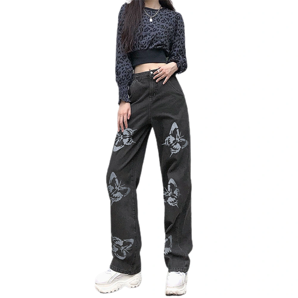 Woman's Butterfly Print Jeans, Loose Straight-leg High Waist Trousers