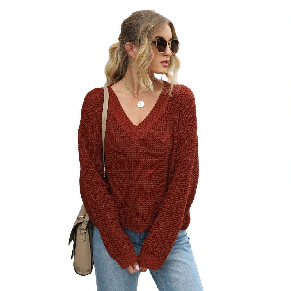 Women Fashion Long Sleeve V-neck Top Solid Color Top Fashion Knitwear