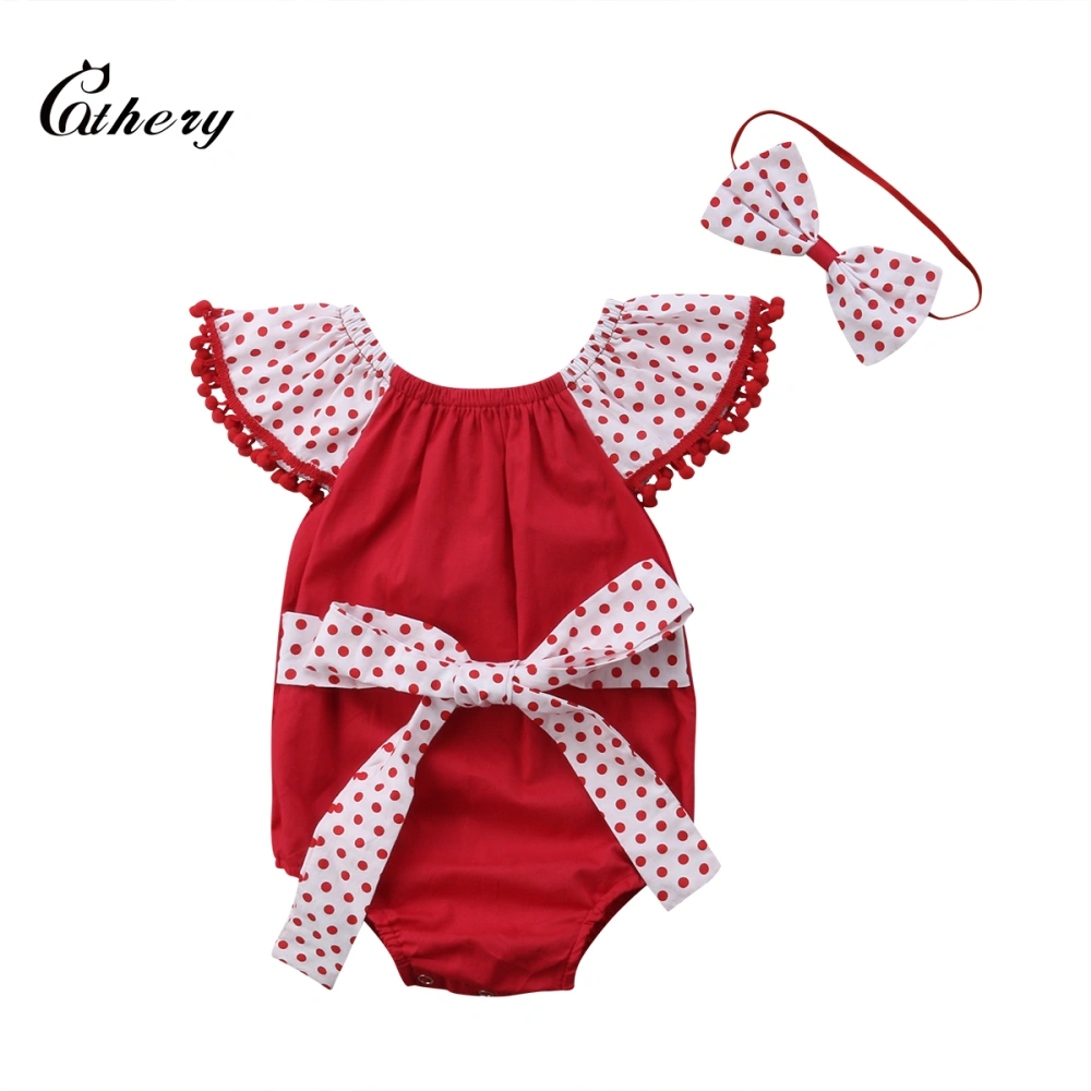 Newborn Summer Bodysuit, Fly Sleeve Dot Jumpsuit+Bow Headband