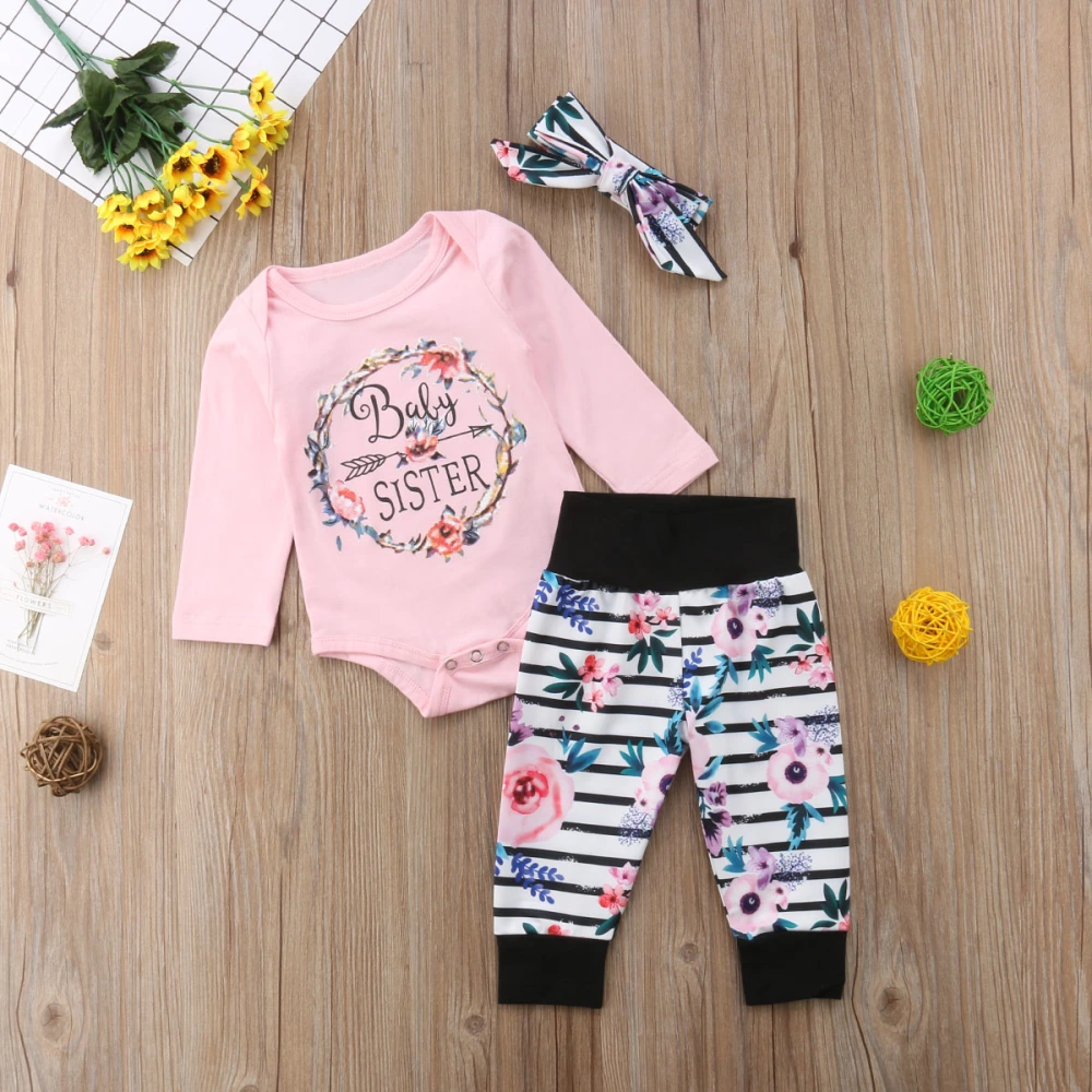 Girl's Long Sleeve Bodysuit with Flower Long Pants and Headband Set