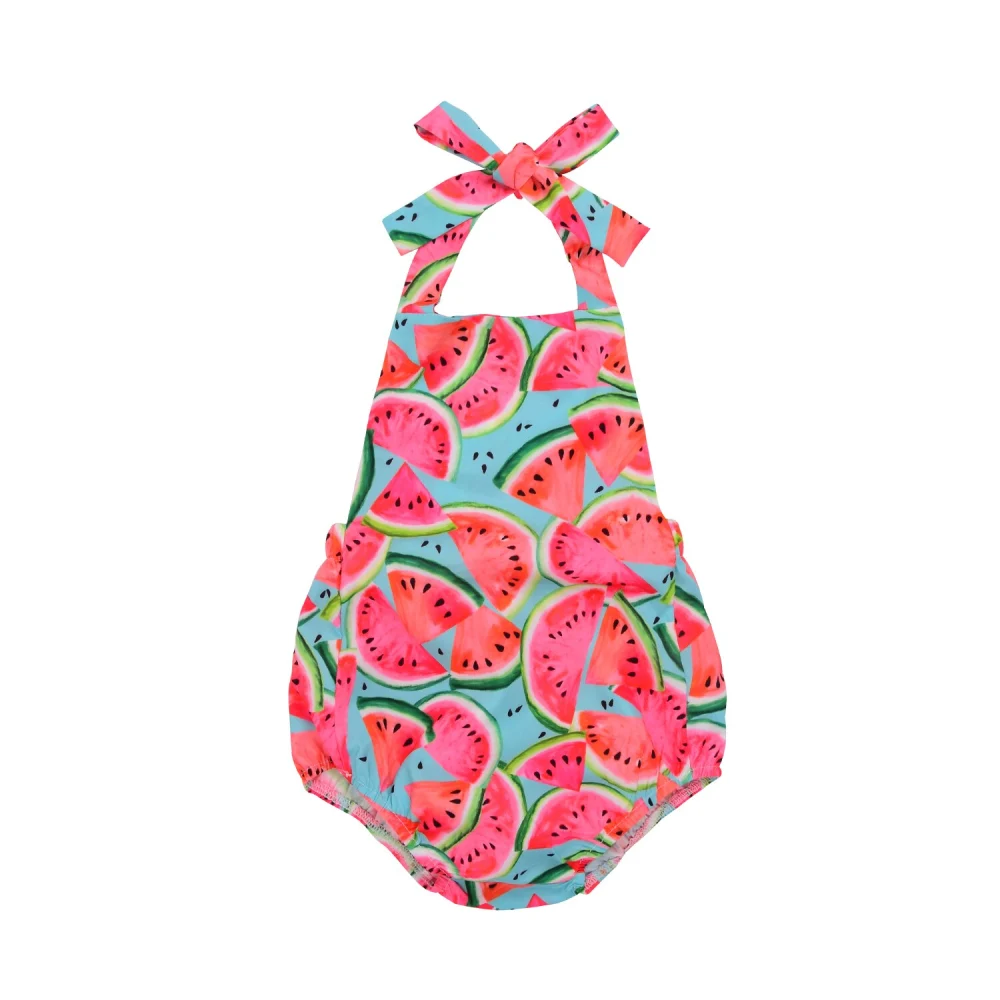 Newborn Girls Summer Casual Romper, Cartoon Watermelon Halter Bodysuit