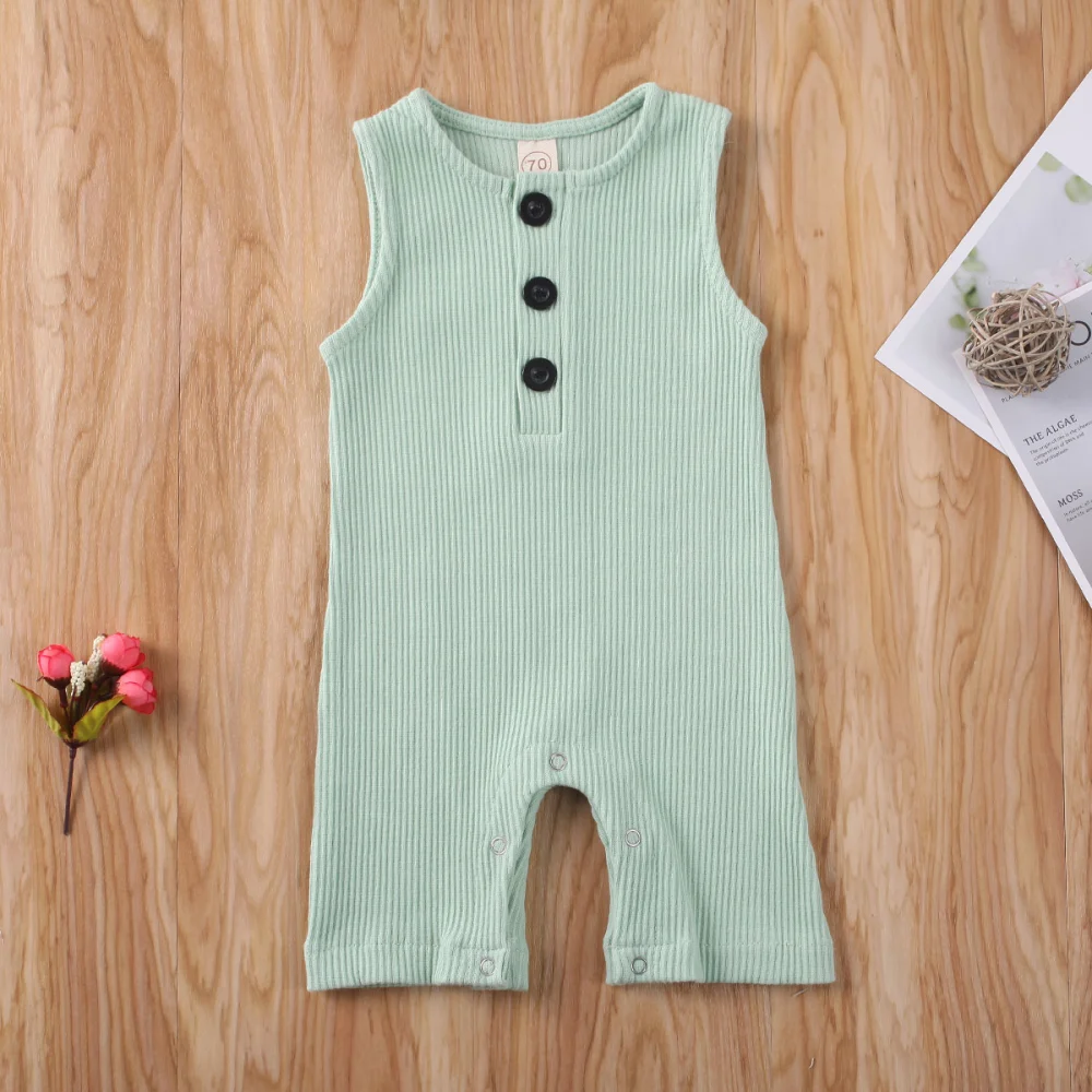 Unisex Newborn Romper Sleeveless Rib Plain Button One Piece Jumpsuit