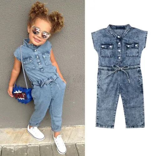 Little Girls Summer Denim Jumpsuit, Folded Collar Button-Down One-Piece Clothes