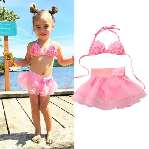 Baby Summer Swimwear, Hanging-Neck Floral Top + Tutu Skirt with Panty