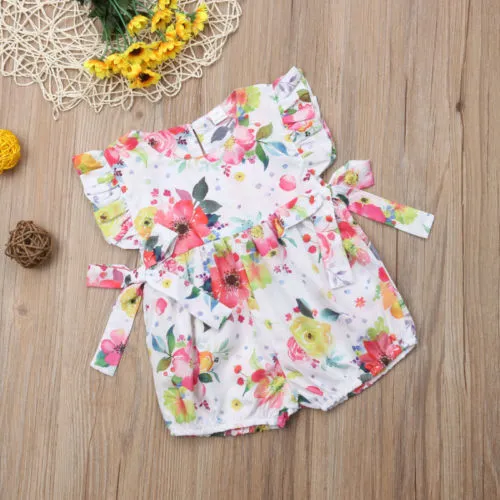 Baby Girls Summer Romper, Colorful Floral Ruffle Sleeve Round Neck Romper