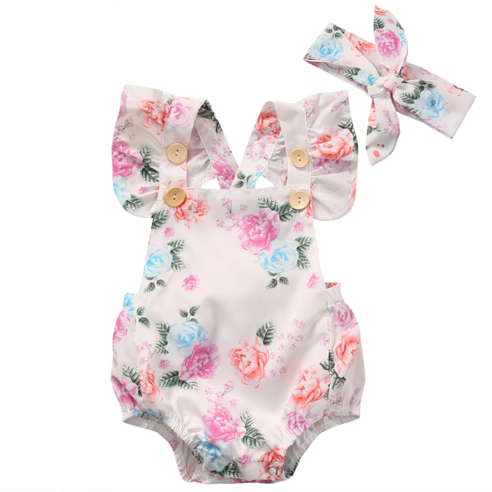 Baby Girls Flying Sleeve Flower Open Back Romper + Bow Headband Clothes