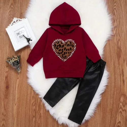 Kid Girl Clothes Set Leopard Heart Print Hooded Sweatshirt Leather Pants Outfits