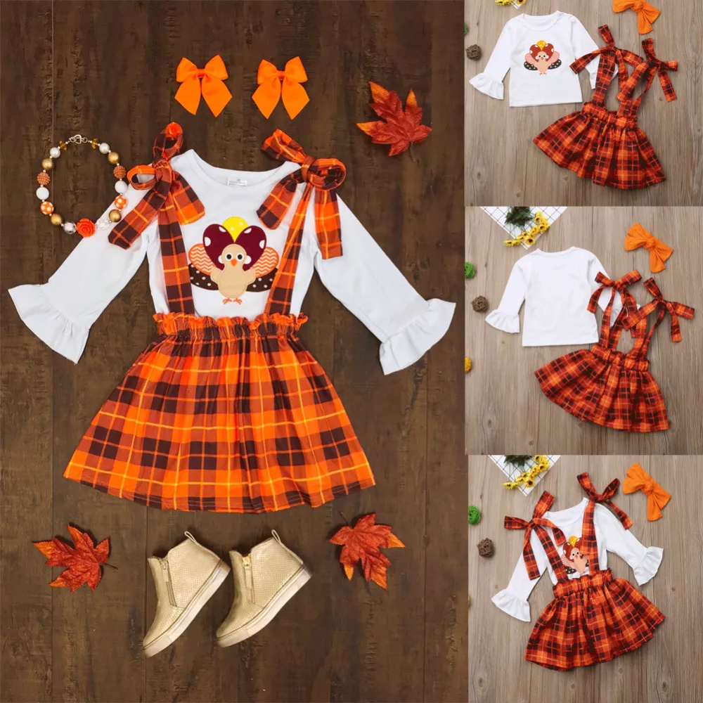 Girls 3Pcs Thanksgiving Outfits, Turkey Top + Suspender Skirt + Headband