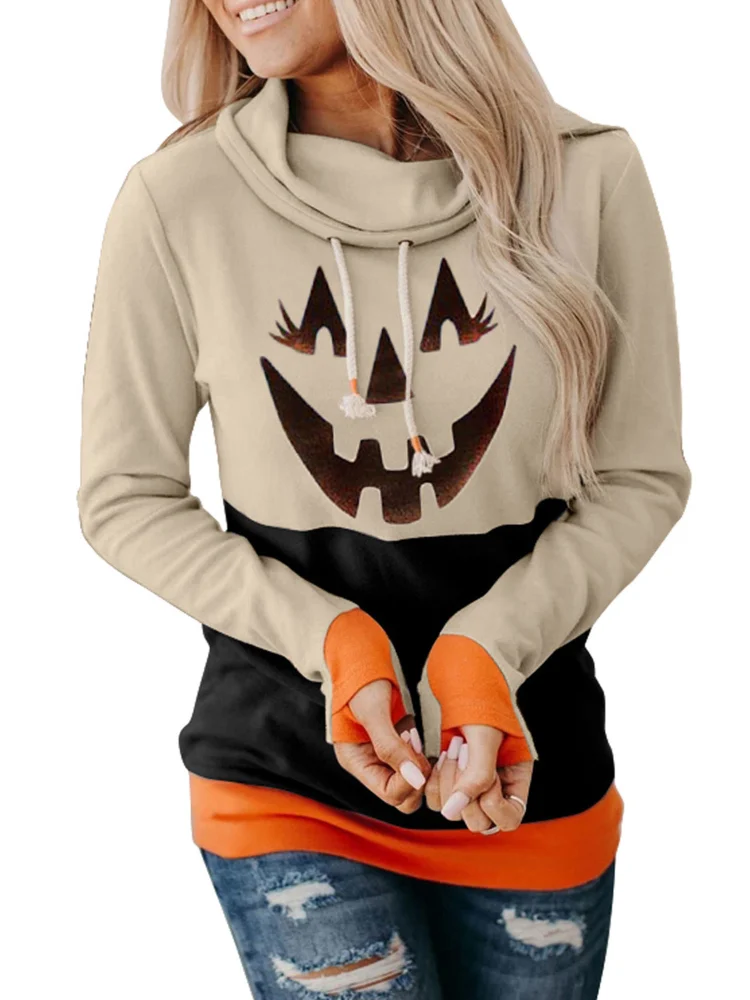 Women's Top Pumpkin Print Long Sleeves Finger Cuff Drawstring Clothes