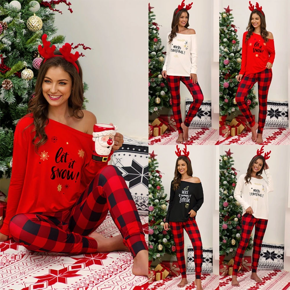 Lady's Christmas Pajamas Set, Letter Print Long Sleeve Pullover, Plaid Trousers