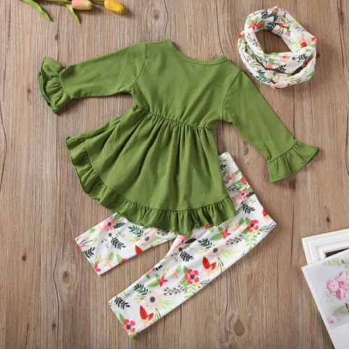 Toddlers Kids Solid Color T-Shirt+ Long Trousers + Printing Scarf Suit