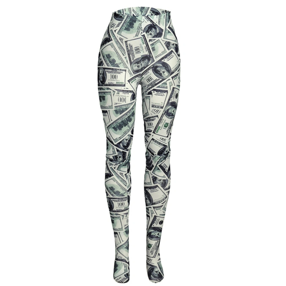 Women Sexy Skinny Pantyhose, White Dollar Patterns High Waist Pants