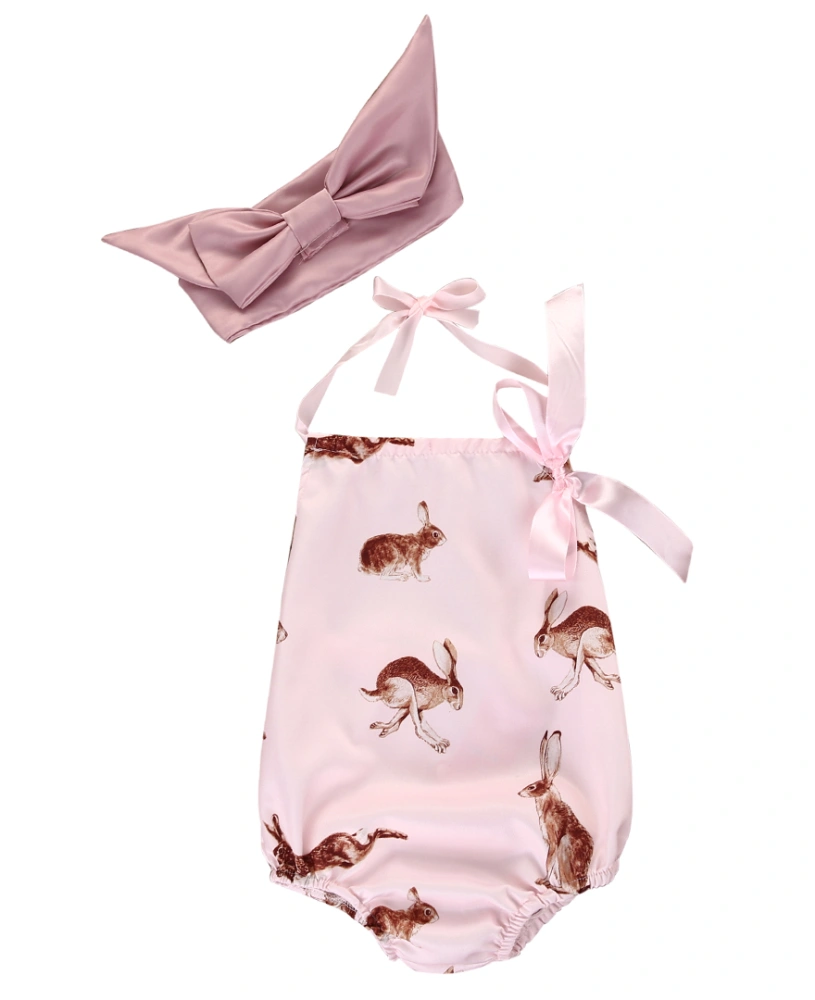 Baby Girls Summer Clothes Set Sleeveless Rabbit Print Romper+Headband