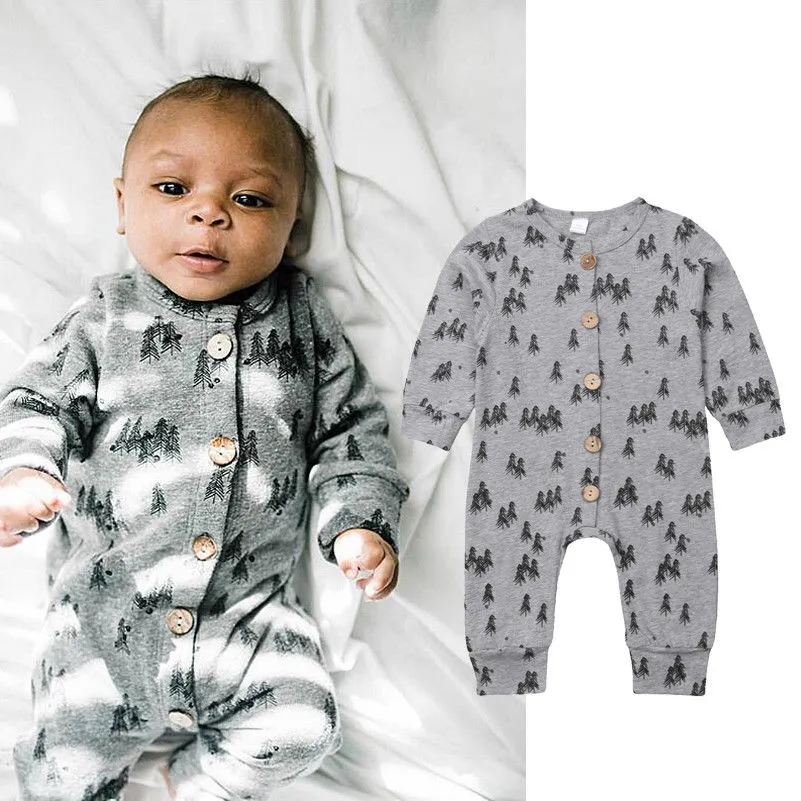 Newborn Baby Unisex Romper, Tree Printed Long Sleeve Round Neck Jumpsuit