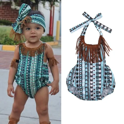 Girls Boys Tassel Romper, Sleeveless Backless Jumpsuit, Headband Print Bodysuit